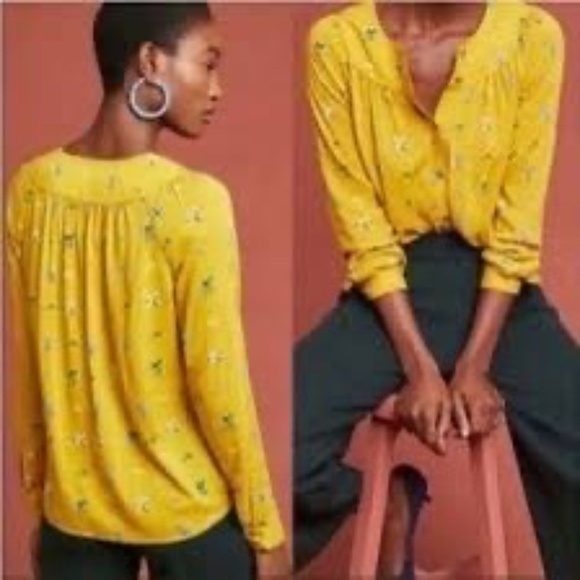 Conversations by Anthropologie Limited Edition Yellow Bow Print Blouse Size 8 - Picture 4 of 8